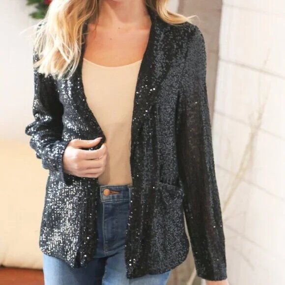 New- Black Sequin Lapel Collar Pocketed Holiday Jacket - 3X - Picture 3 of 5